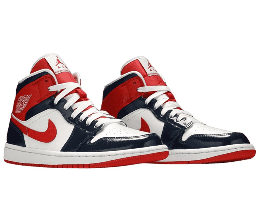 A pair of AJ1 “Champ Colors” sneakers with white patent leather uppers, dark navy overlays, and red Swooshes and outsoles.