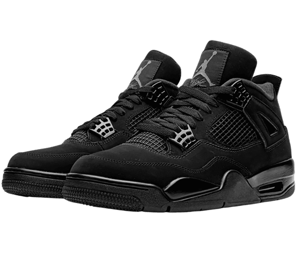 An all-black suede pair of AJ4 “Black Cat” sneakers.