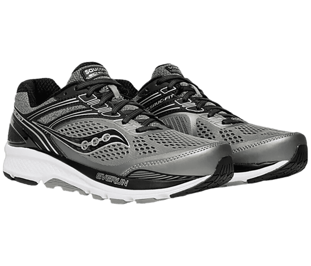 A pair of Saucony Echelon 7 runners in a metallic gray, black, and white.