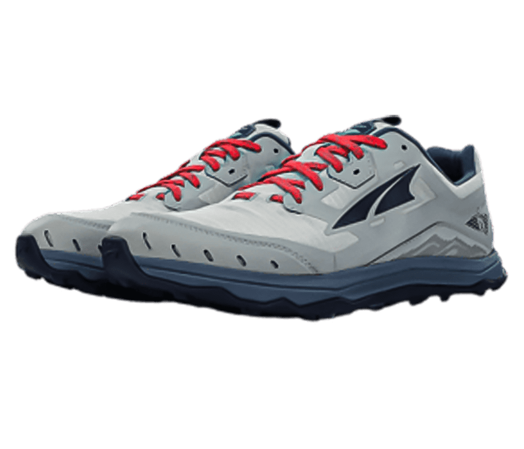 A pair of Altra Lone Peak 6 sneakers in navy, gray, and red laces.