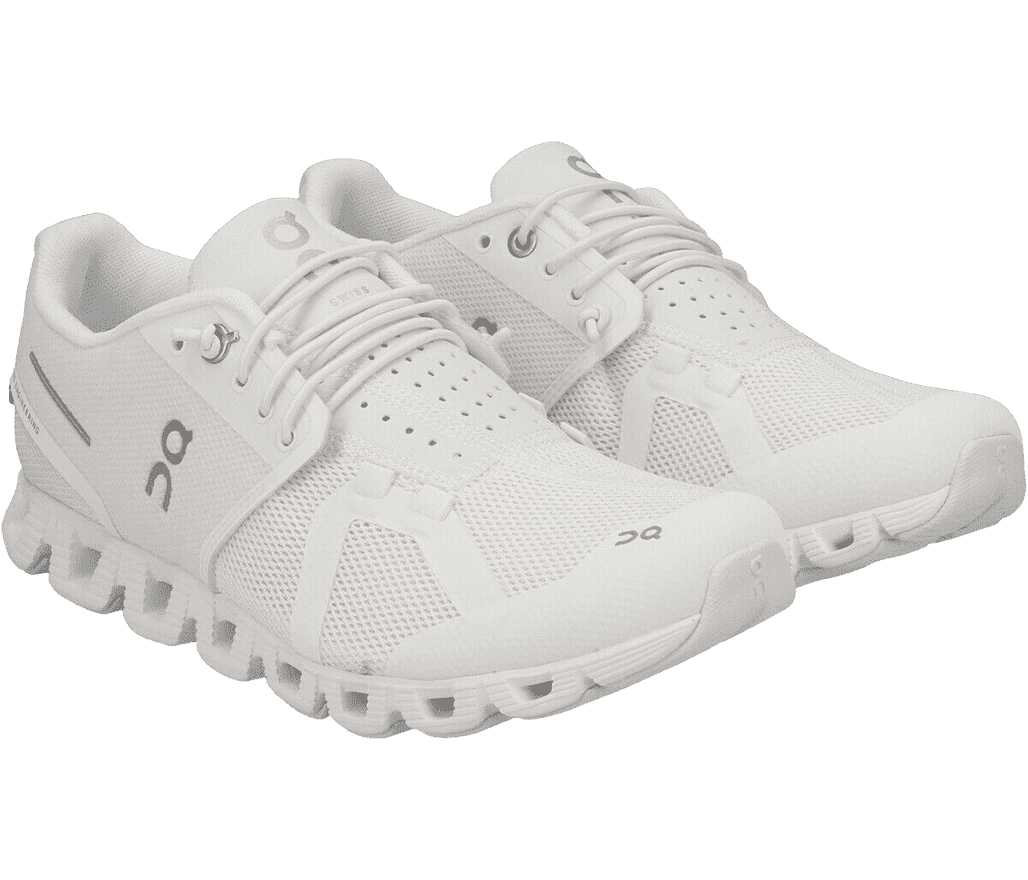 A pair of On Cloud 5 running shoes in all-white, with mesh portions at the toeboxes and heels.
