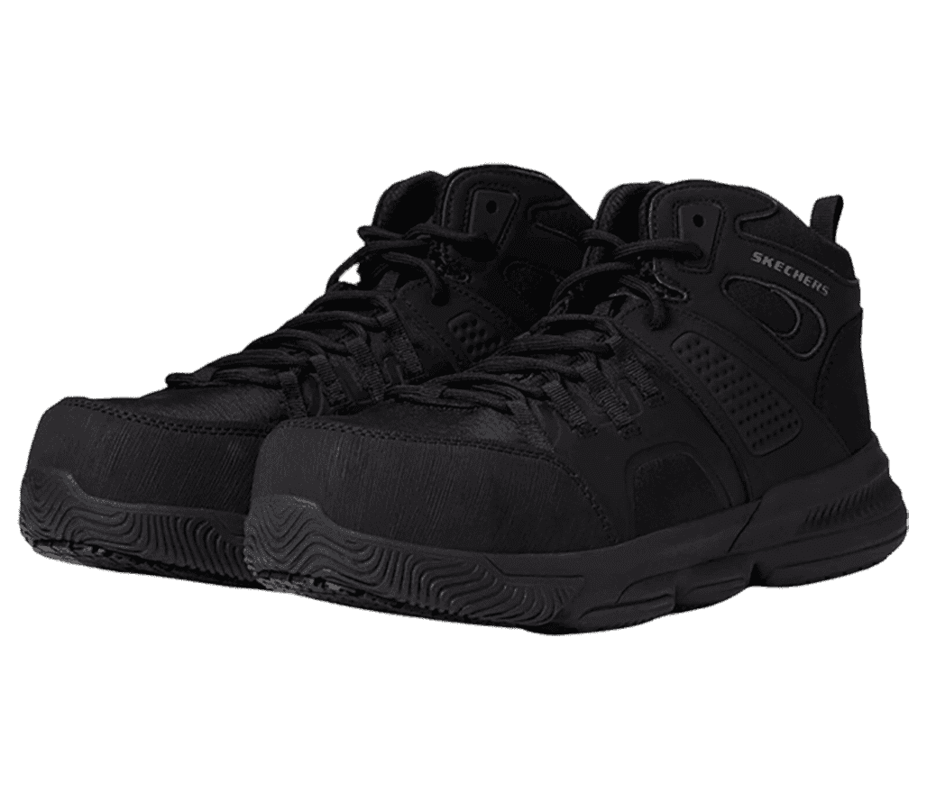 A pair of Skechers Men's Work Arjon Comp Toe boots in all-black with the Skechers logotype under the collar.