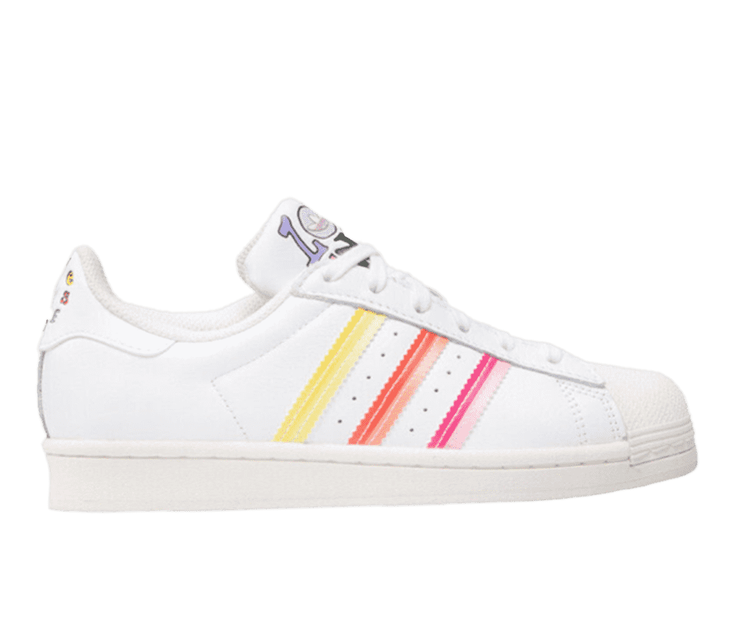 A side shot of a white adidas shoe. The 3 vertical stripes on the side are yellow, orange, and pink.