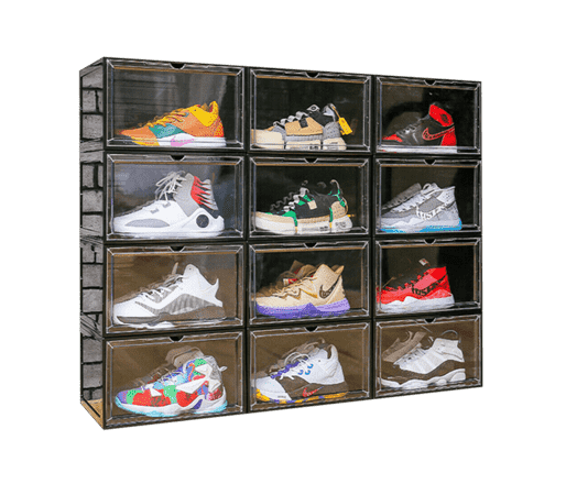 A display case showing various sneakers by various brands organized in a 3x4 grid. A single sneaker is shown on each shelf.