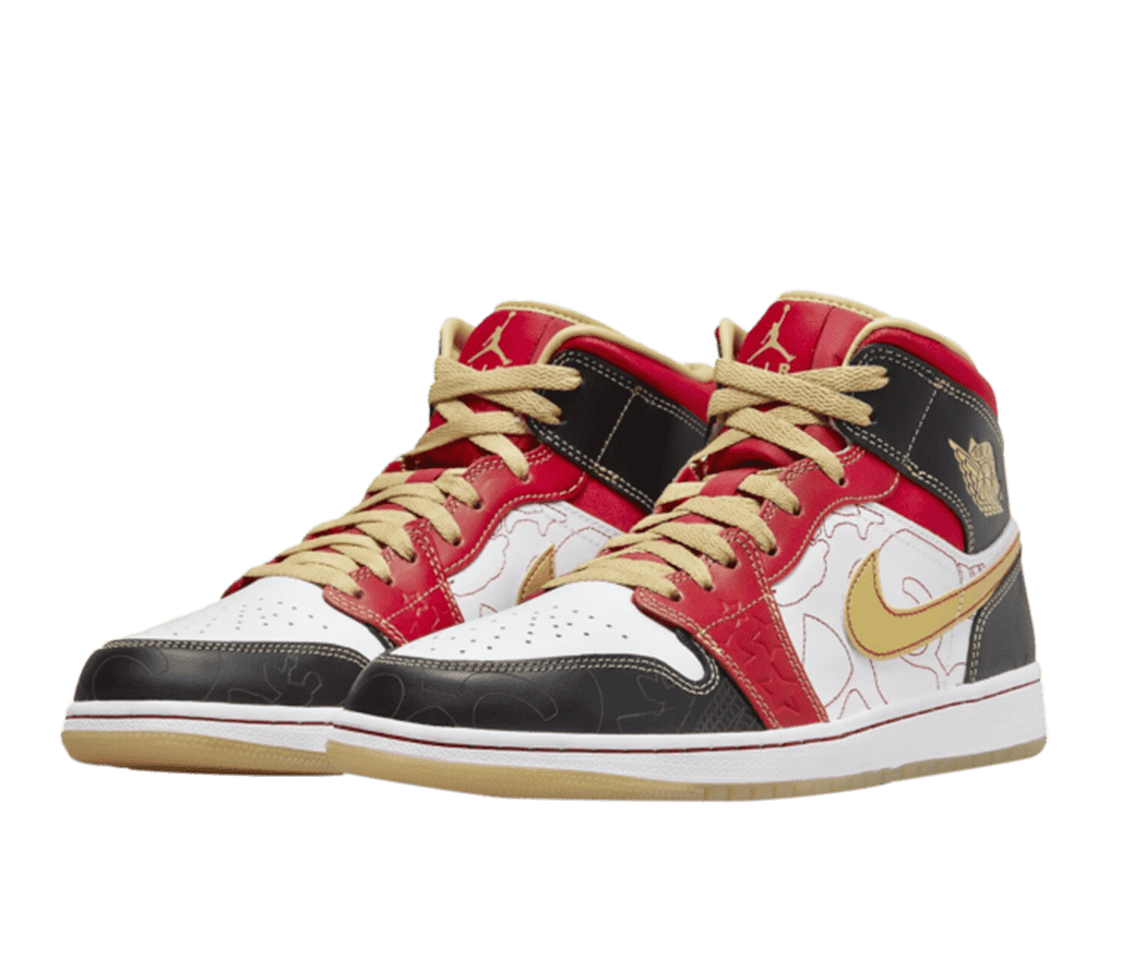 A pair of red, black and white Air Jordan high-top sneakers. The laces, Nike logo, and Air Jordan on the the tongue are a matching shade of gold.