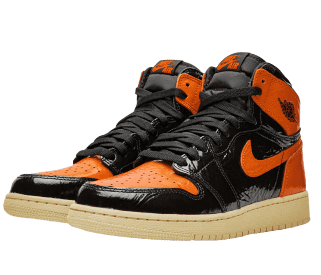 Front left-angled view of a pair of black and orange patent leather Air Jordan 1s. The Nike swoosh, heel, and top of the toe is orange. The rest of the shoe is black.