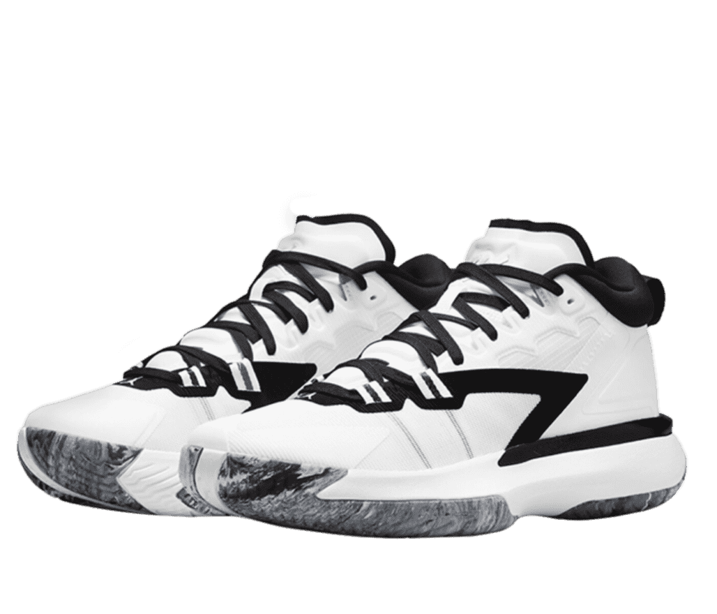 Front left-angled view of a pair of Jordan Zion 1s. The soles have a black and white marble pattern and the rest of the shoe is predominantly white with black laces and a black line down the side.