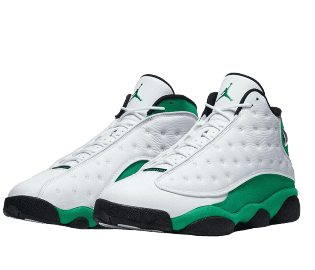 Front left-angled view of a pair of Air Jordan 13s. The soles are black with a green mudguard. The remainder of the shoe is white leather with green accenting on the heel and a green jumpman logo on the tongue.