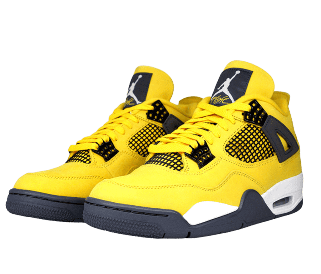 Front left-angled view of a pair of Air Jordan 4s. The shoe features a hybrid nubuck leather upper that is entirely yellow. The support wings and Jumpman label on the tongue are a grayish hue.