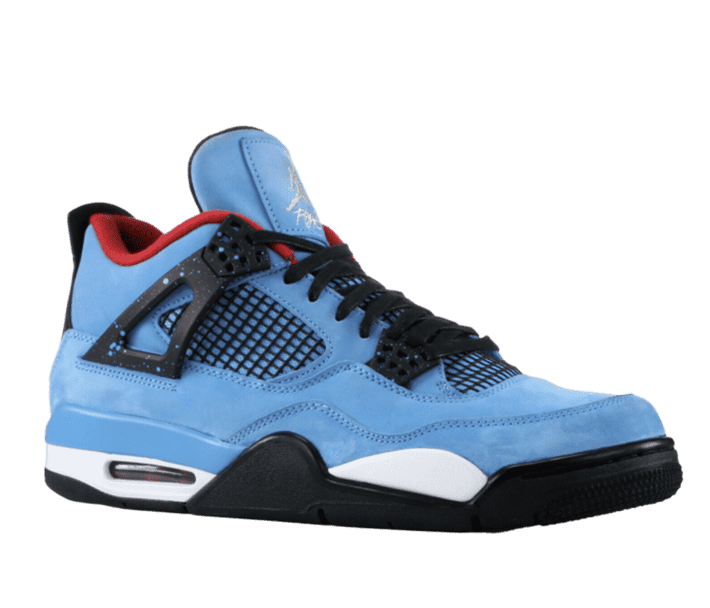 A side view of the Travis Scott x Air Jordan 4 Retro “Cactus Jack”. This high contrast colorway comes in a university-blue short suede with a white midsole and black outsole and laces. The shoe features a black netting covering the quarter section, red lining inside, and black heel panel and lace cage speckled in a matching blue.