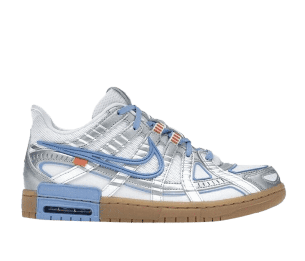 Side view of a Nike x Off-White Air Rubber Dunk. The shoe has a futuristic look with metalic panels on a white base. Blue laces, Nike swoosh outline, and detail lines along the shoe are reminiscent of electrical wiring. The shoe has a gumsole with a blue panel near the heel showing off the Air bag.