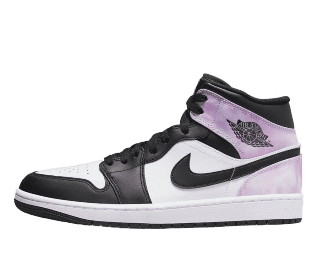 Side view of a black and white Air Jordan 1 sneaker. The Nike swoosh, toe area, laces and top of heel are black. The top of the toe and sides of the shoe are white. The back of the heel features a light purple, pink, and blue gradient with a black Air Jordan logo.