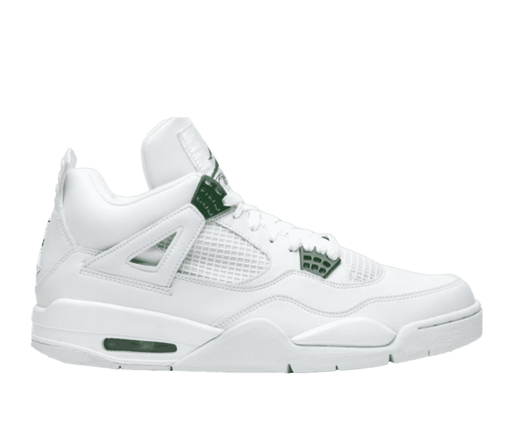 Side view of an Air Jordan 4 sneaker. The shoe is white all over except for green lace stays.