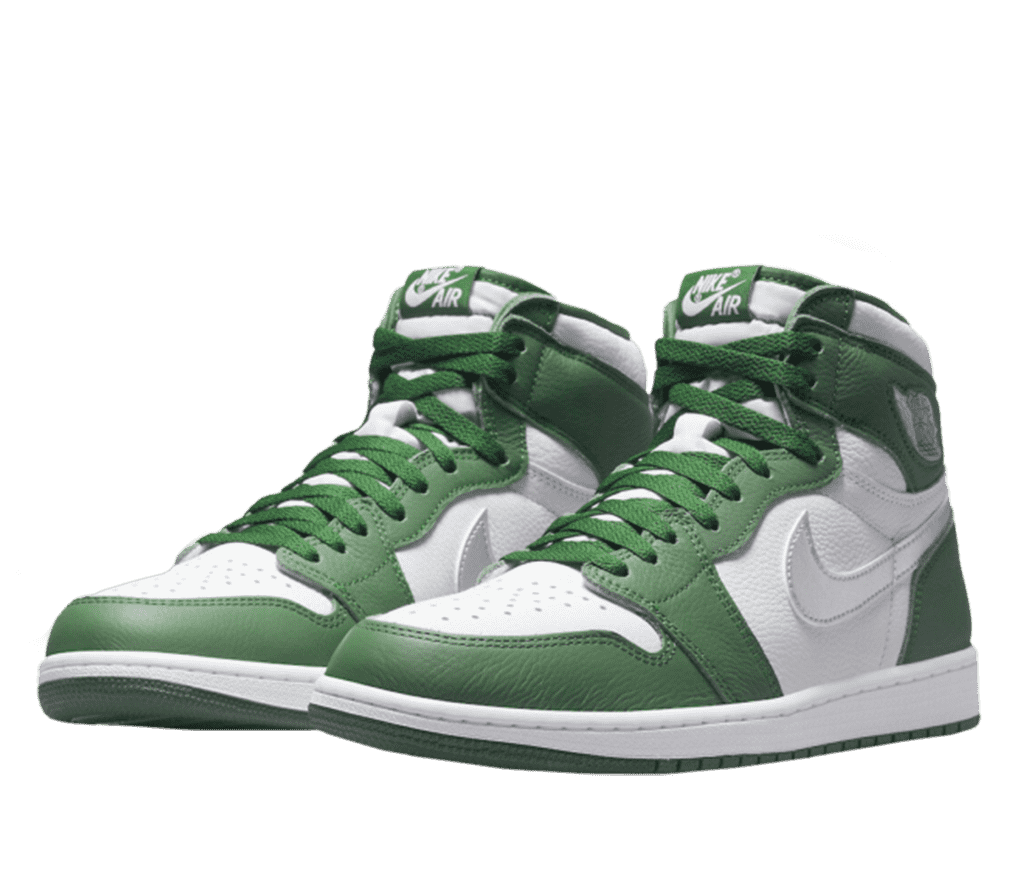 A pair of white and green Air Jordan 1 highs. The shoes have a white base and Nike swoosh with green overlays. The sole is white with a green bottom.