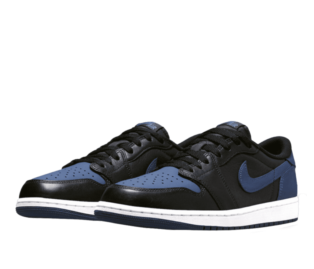 A pair of Air Jordan 1 lows in a black and dark-blue colorway. Black is the primary colour, with blue on the toe, heel, and the Nike swoosh logo 