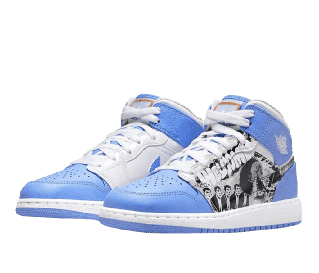 A pair of blue and white Air Jordan 1 mids. On the side, the shoe features a graffiti style black-and-white image of Michael Jordan shooting a basketball with an image of his coach watching, repeated 5 times.