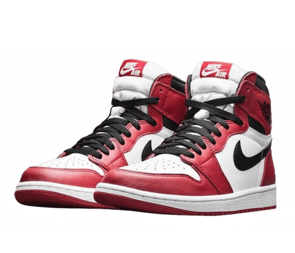 Front left-angled view of a pair red, white and black Air Jordan 1s. The Nike swoosh, laces, and top of the heel are black. The side, top of the toe and tongue are white, with a red overlay on top.