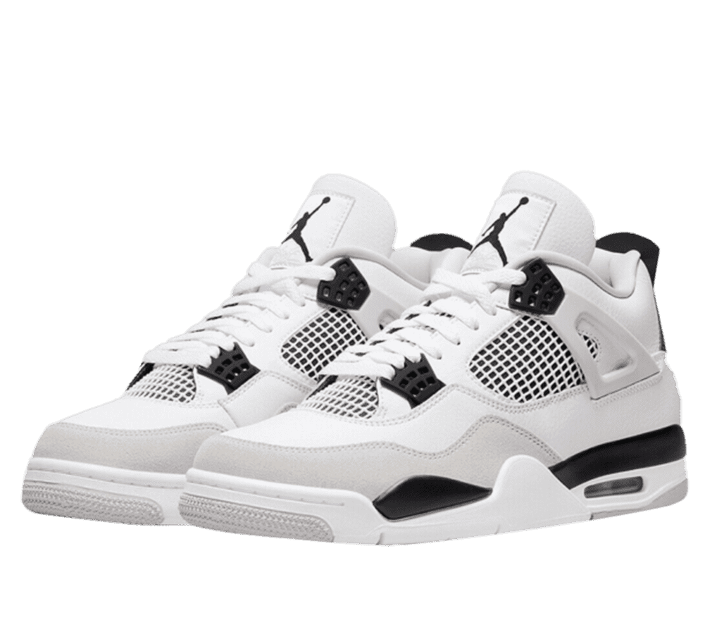 A pair of white Air Jordan 4s with black detailing along the sole and on the lace stays, heel tab, and Jumpman logo.The side of the shoe features a white and black grid pattern.