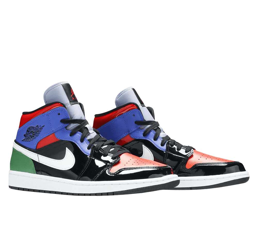 A pair of multicolored Air Jordan 1s. The shoes are black around the sides and toe, green on the heel, red on the top and blue around the laces, with a white Nike swoosh.