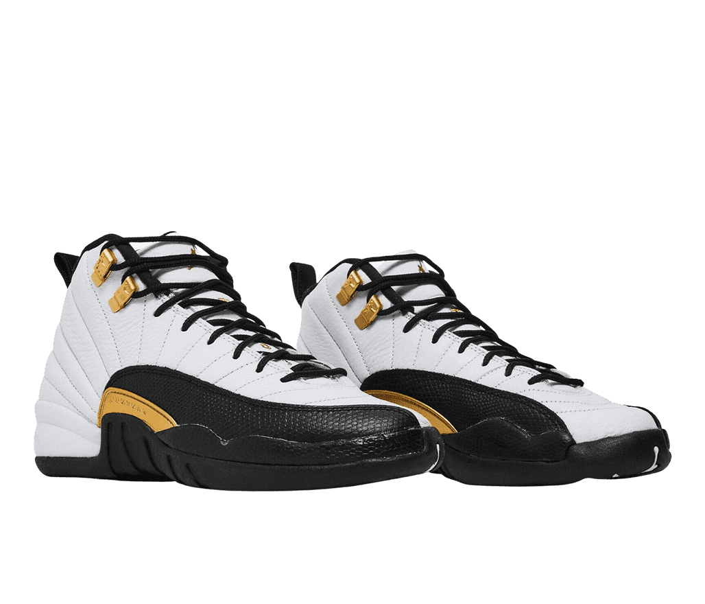 Front left angled view of a pair of Air Jordan royalty 12s. The shoes around the heel and down to the toe are white leather with black leather coming around the side of the toe to the arches. There is a yellow strip right above the arch and yellow eyelets, embroidery, and tongue accents.