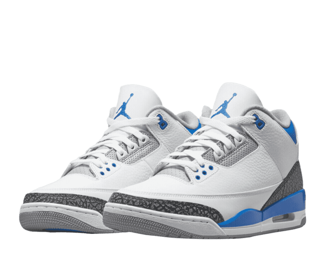 A pair of white and blue Air Jordan 3s. The shoe is mostly white leather with blue highlights and a blue Air Jordan logo on the tongue. A gray patterned leather is used around the sole, which is also gray on the bottom.
