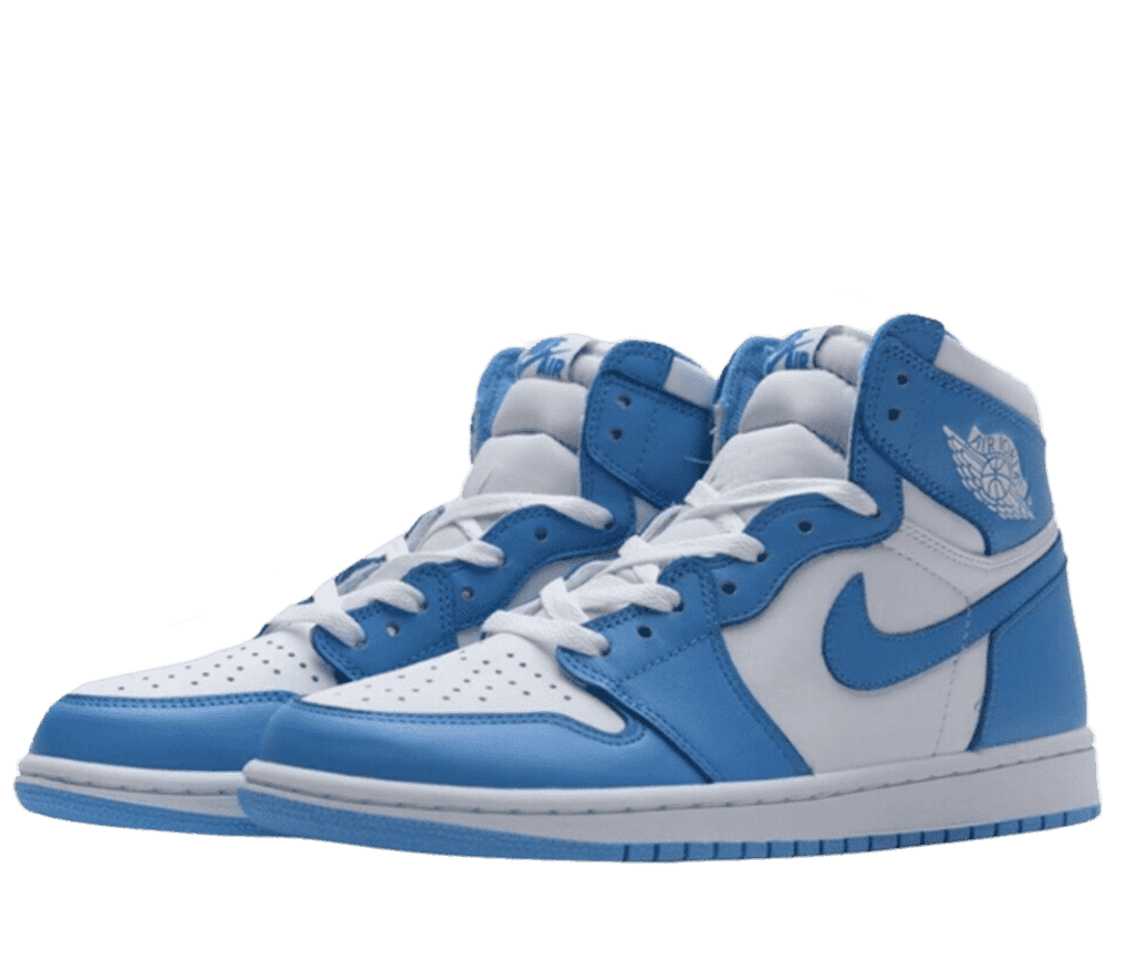 A pair of white and baby blue Air Jordan 1 high tops.