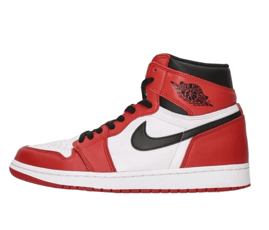 Side view of a red, white, and black Air Jordan 1 shoe. The Nike swoosh, laces, and top of the heel are black. The side, top of the toe and tongue are white, with a red overlay on top.