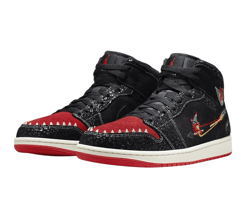 A black, red, and white pair of AJ1 “Siempre Familia” Mid sneakers with spirit-related graphic embroidery, gray teeth over the tip, and cheetah patterned overlays.