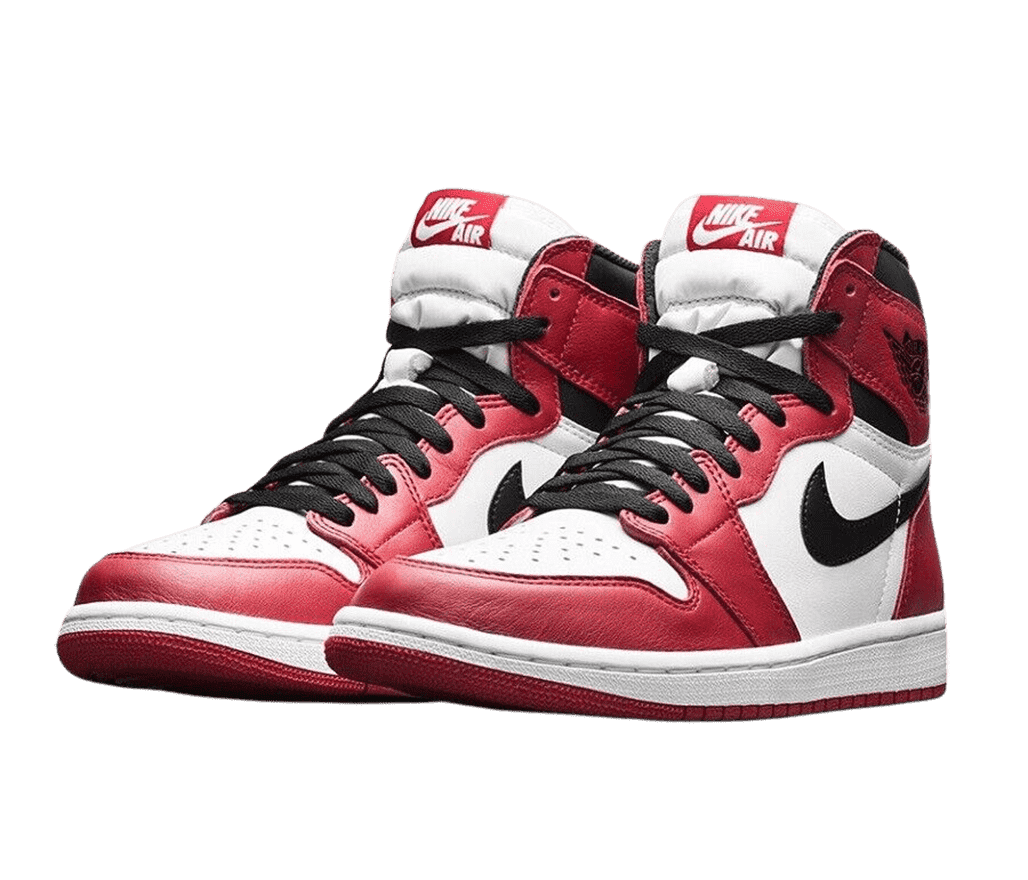 A pair of AJ1 High “Chicago” in red and white with black laces and Swoosh.