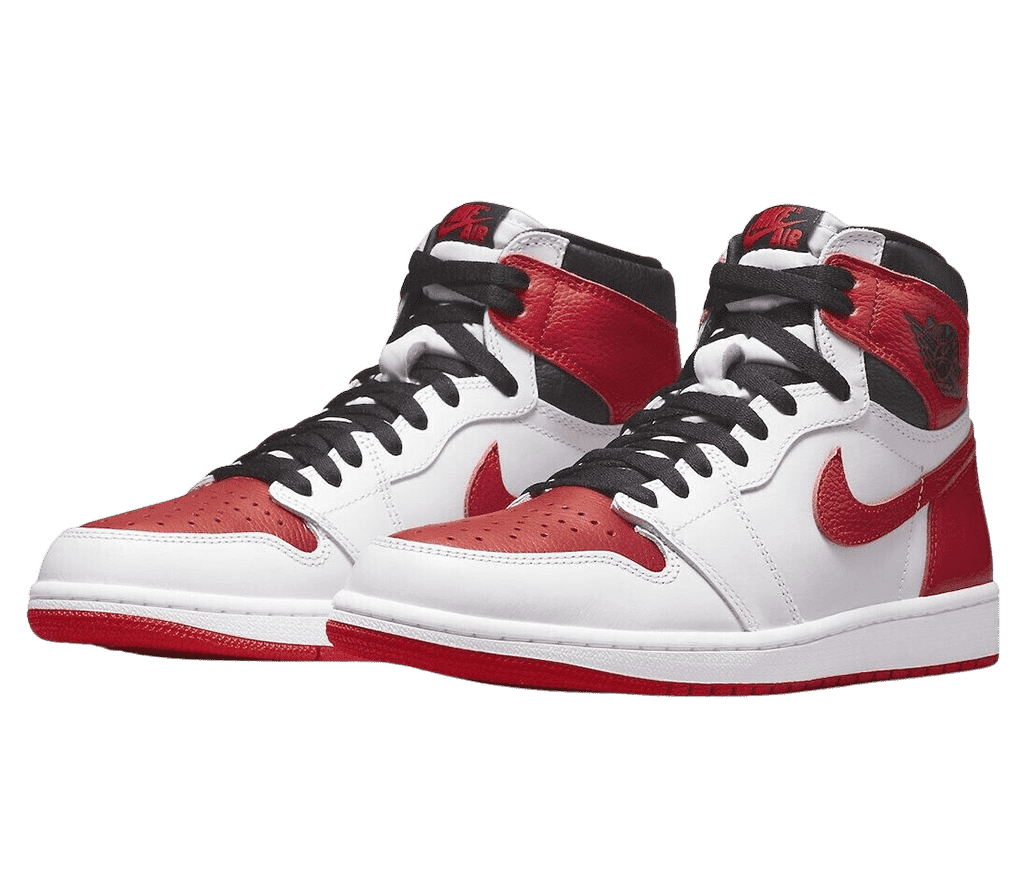 A white pair of AJ1 High “Heritage” sneakers with red toeboxes, heels, Swooshes, and outsoles, and black collars and laces.
