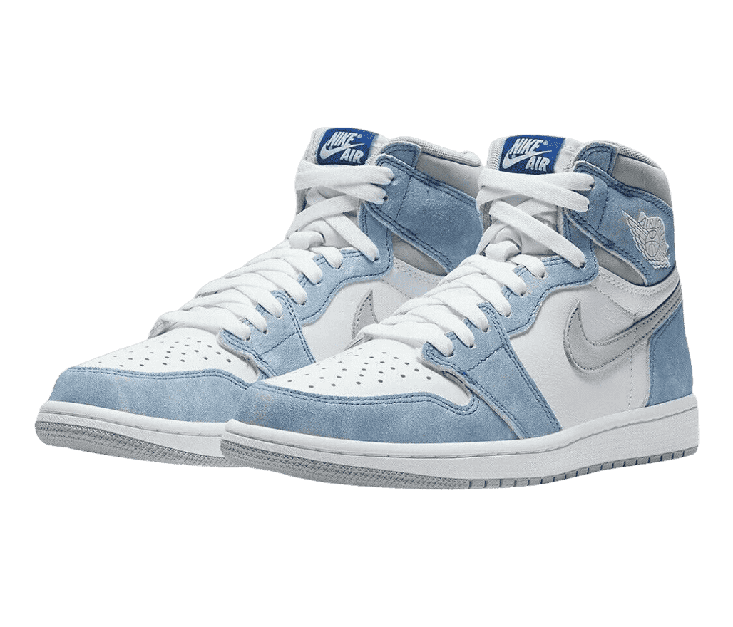 A white pair of AJ1 High “Hyper Royal” sneakers with light blue suede overlays and a gray Swoosh and collar.