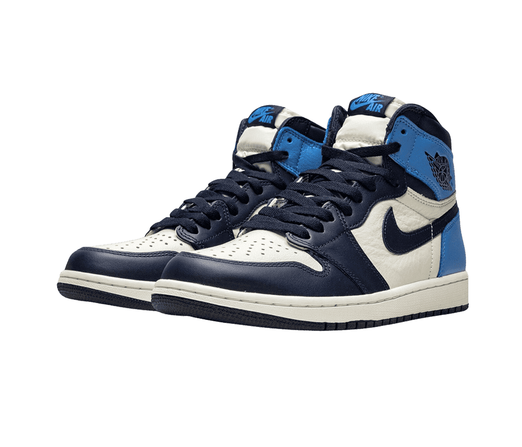 A pair of AJ1 High “Obsidian” sneakers in white leather uppers with navy tips and vamps and blue heels.
