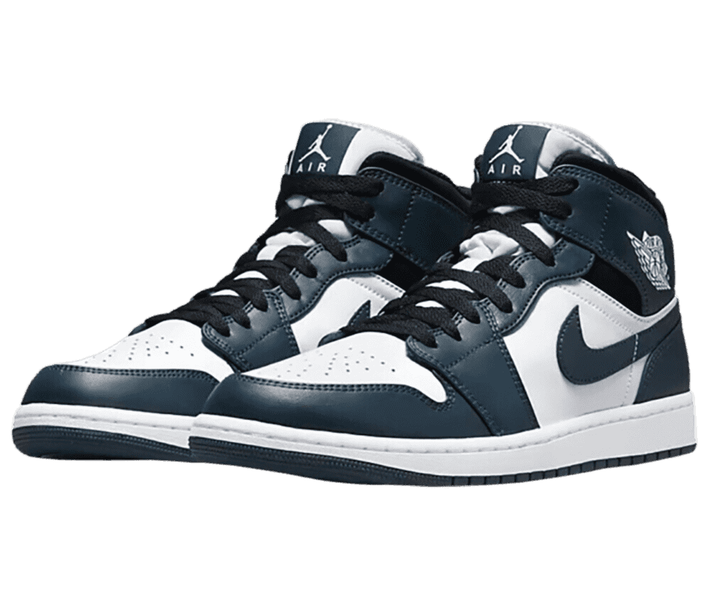 A pair of AJ1 “Armory Navy” High sneakers with navy leather tips, heels, and laces, white midsoles, white toeboxes, quarters, and tongues, and black laces and suede collars.