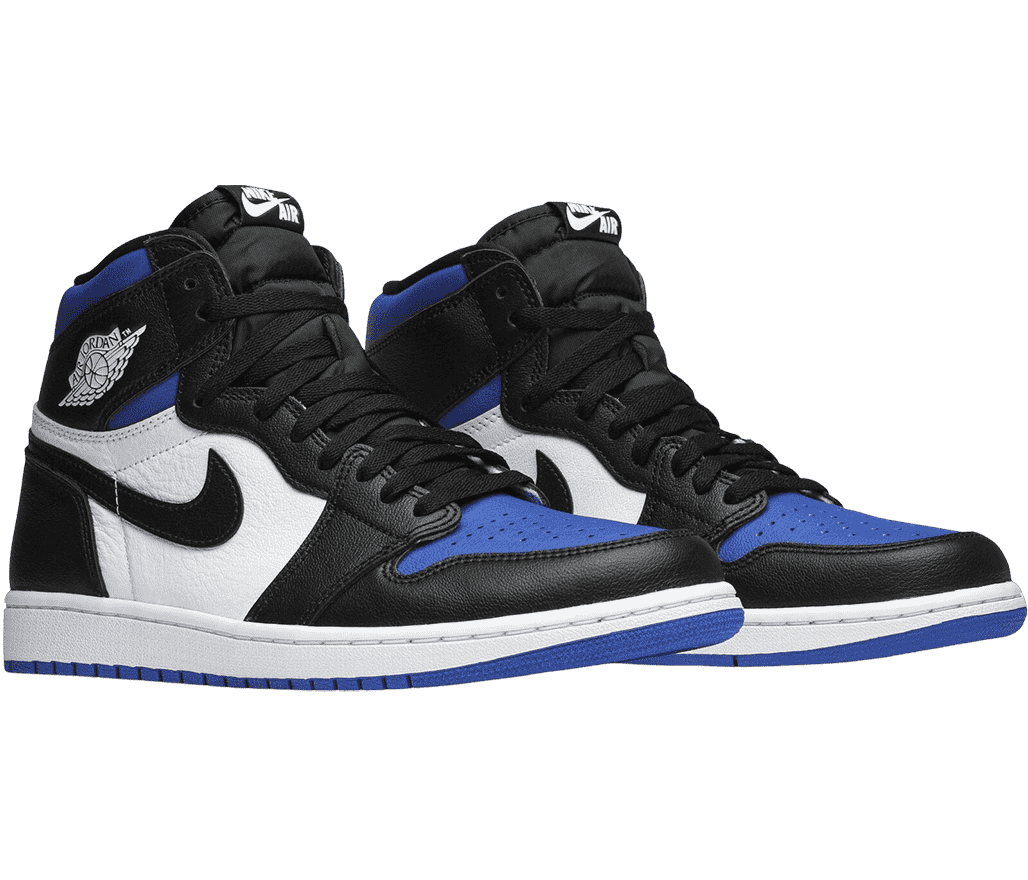 A pair of AJ1 High “Royal Toe” with white quarters, black vamps, toes, heels, and laces, and blue tongues, collars, and outsoles.
