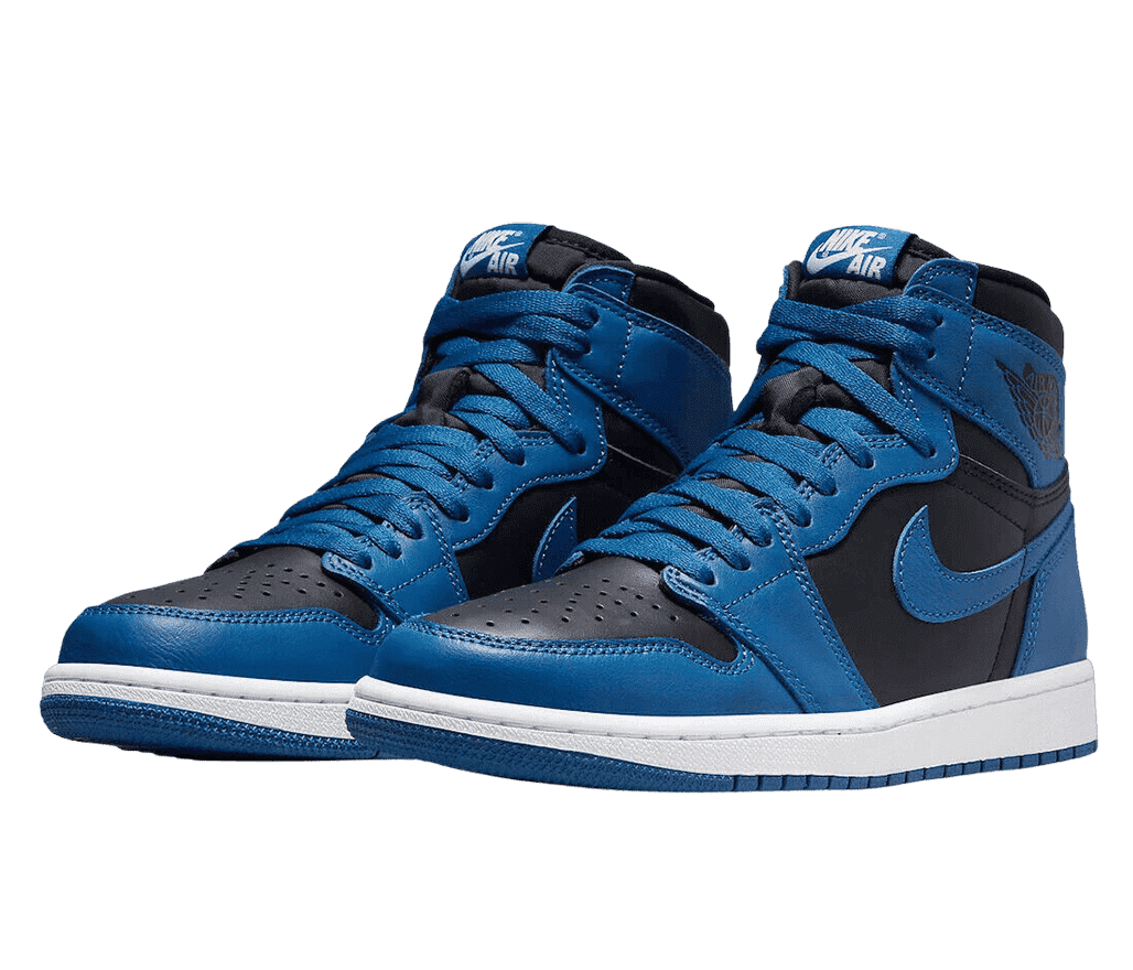 A pair of AJ1 “Marina Blue” High sneakers with blue leather tips, heels, and laces, white midsoles, and black toeboxes, quarters, and tongues.