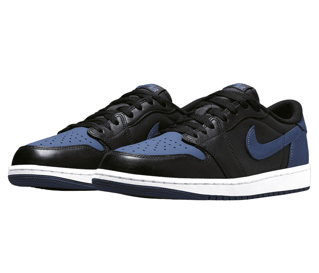 A black leather pair of AJ1 Low sneakers with blue toeboxes, Nike Swoosh marks, and heels, and white midsoles.