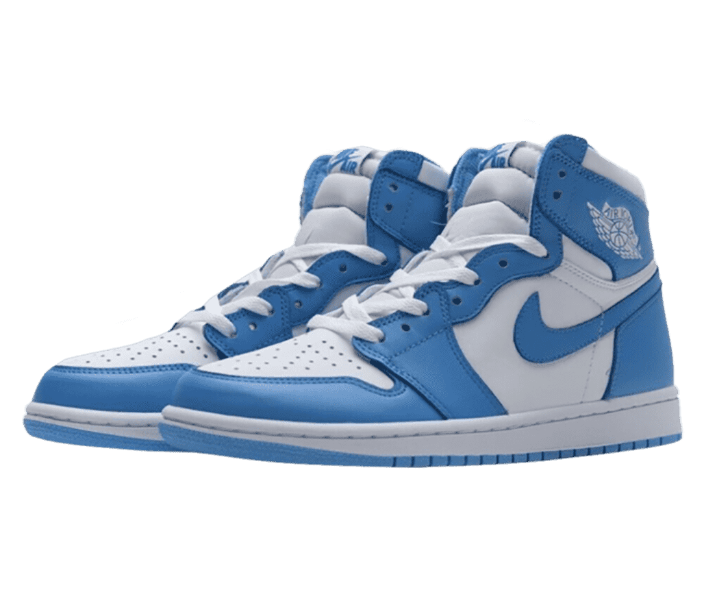 A pair of AJ1 “UNC” Retro high-top sneakers in white quarters, toeboxes, midsoles, and laces and university blue overlays.