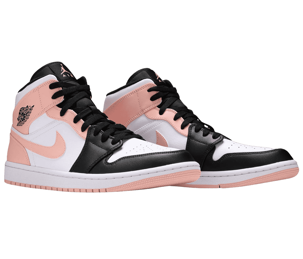 A white pair of AJ1 High “Crimson” sneakers with black pink overlays.