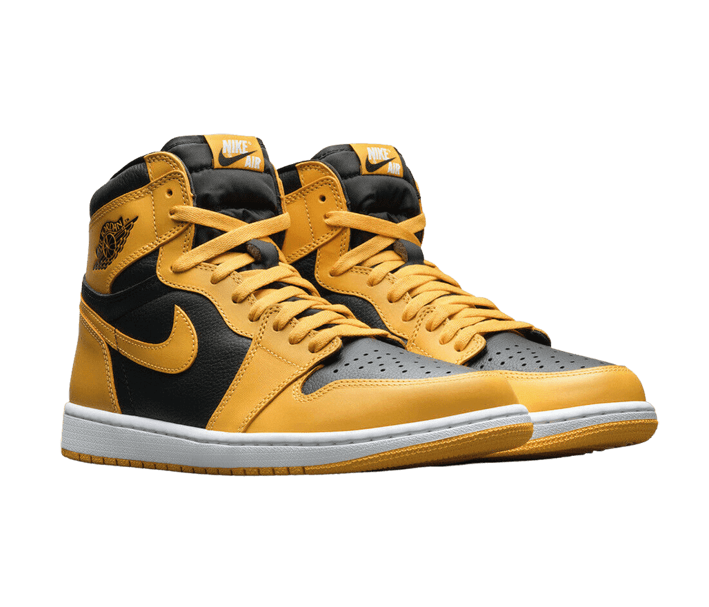 A pair of AJ1 High “Pollen” sneakers in black leather with golden yellow overlays and laces.