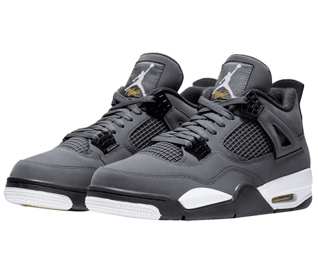 A charcoal gray pair of AJ4 sneakers in suede, plastic netted sections on the sides and lower tongue, lace cages, and black and white soles.