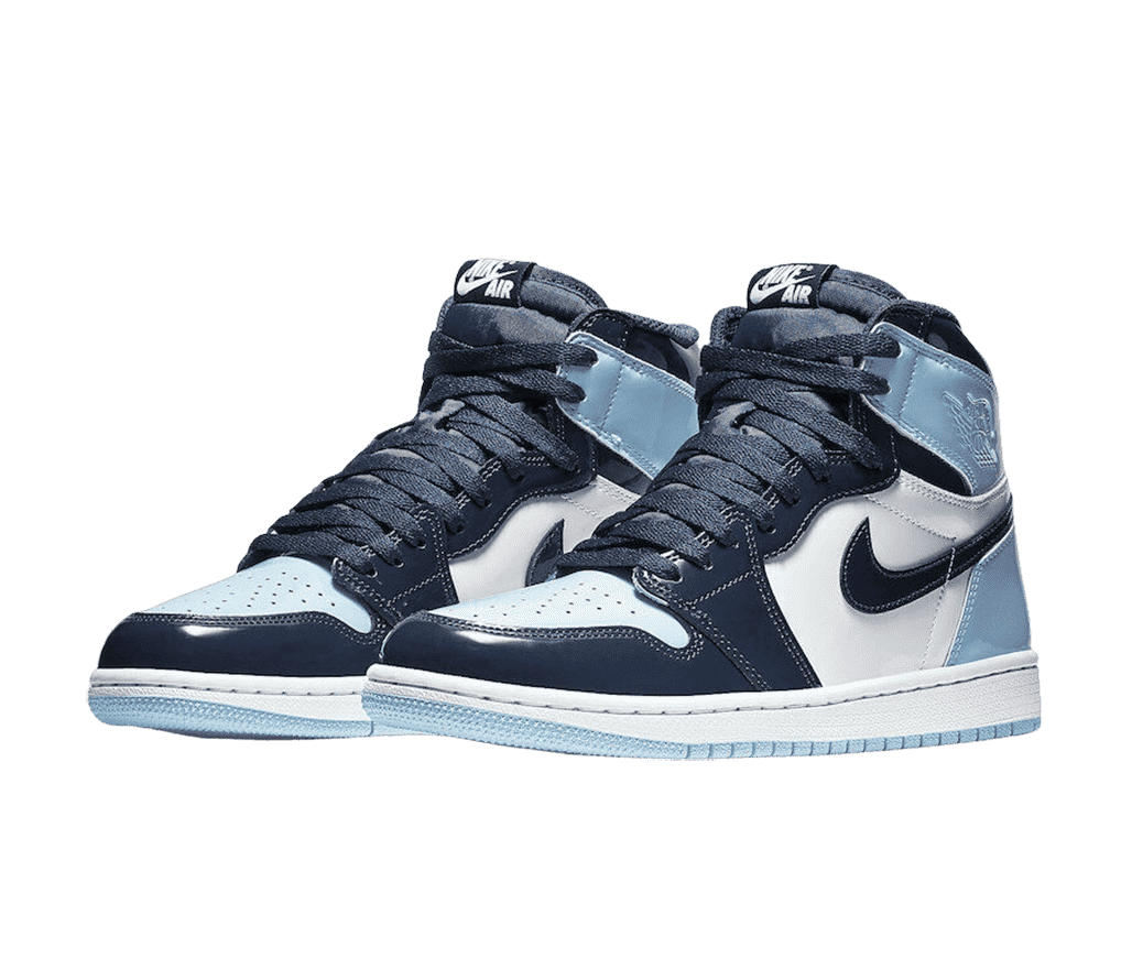 A pair of AJ1 High “Obsidian” sneakers in white leather uppers with navy and light blue heels.