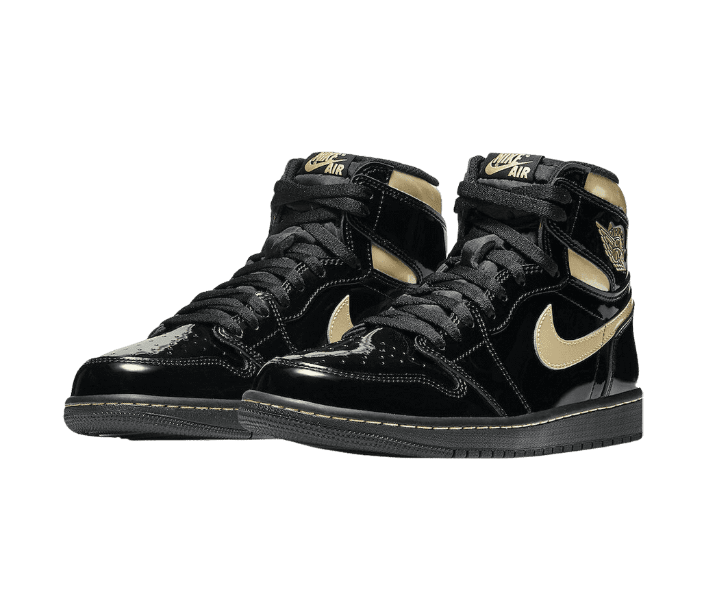 A pair of AJ1 High sneakers in black patent leather and gold, Swooshes, collars, and stitching on the soles.
