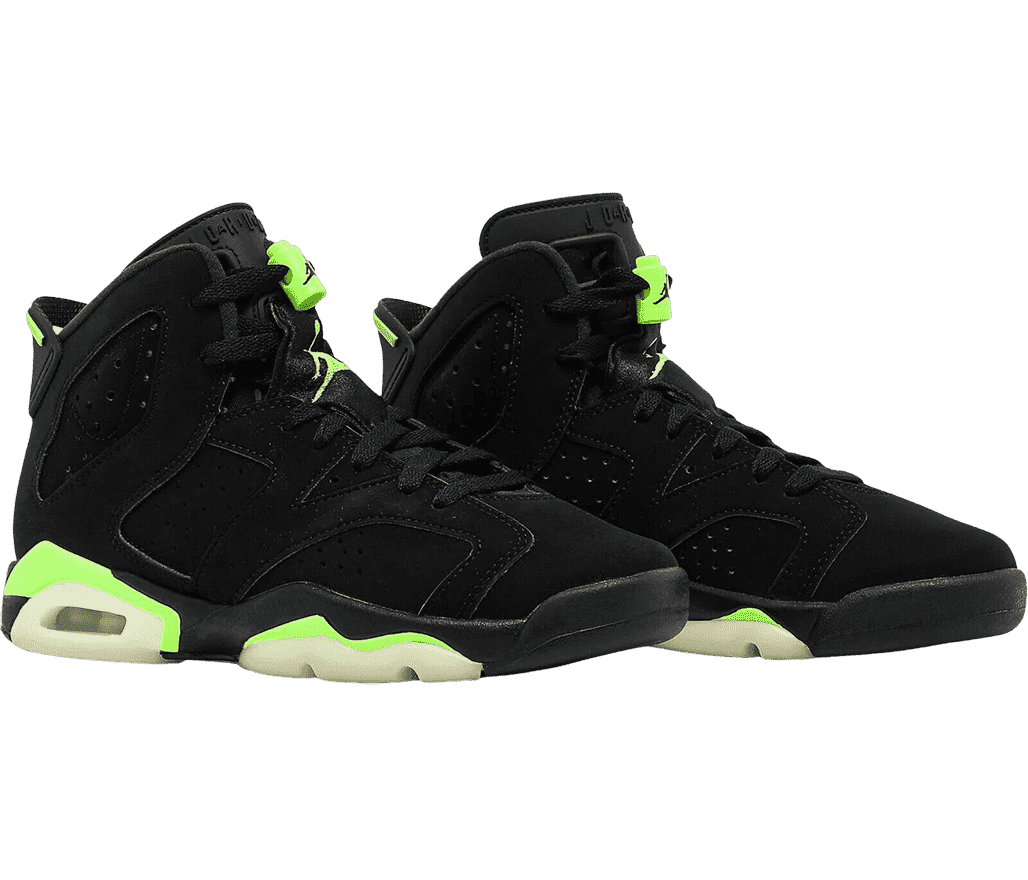 A black suede pair of AJ6 “Electric Green” with bright green details on the soles, Jumpman logos on the tongues, and lace locks.