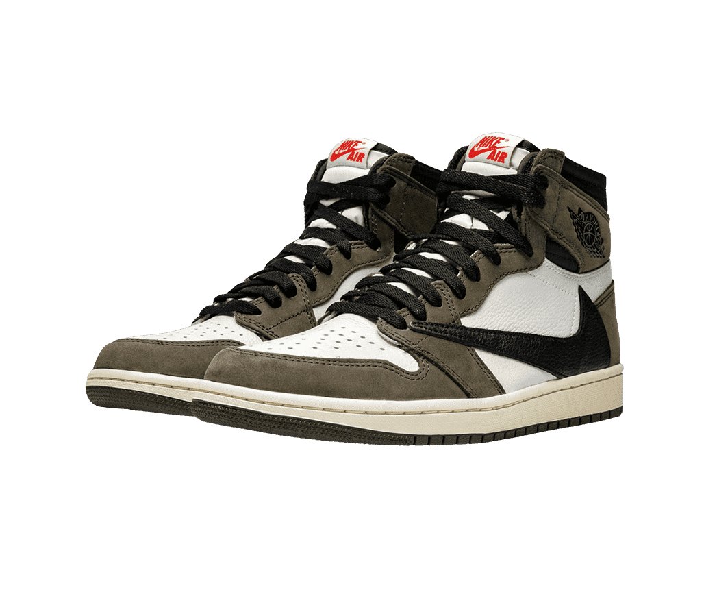 A pair of AJ1 x Travis Scott “Mocha” High sneakers in white, black, washed out olive. The black Swoosh is placed backwards and the midsoles are an off-white.