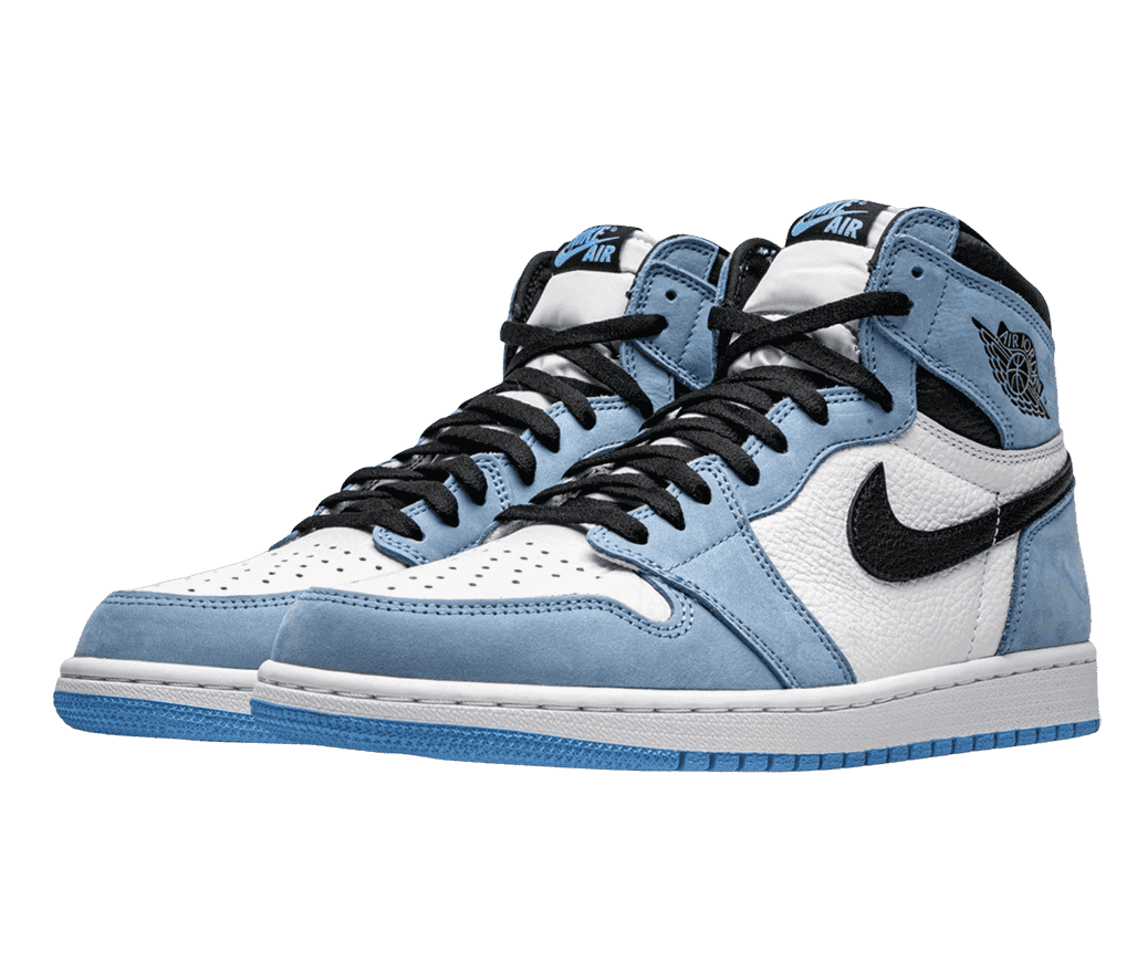 A pair of AJ1 High “University Blue” sneakers with white leather quarters, toeboxes, midsoles, and laces and light blue suede overlays.