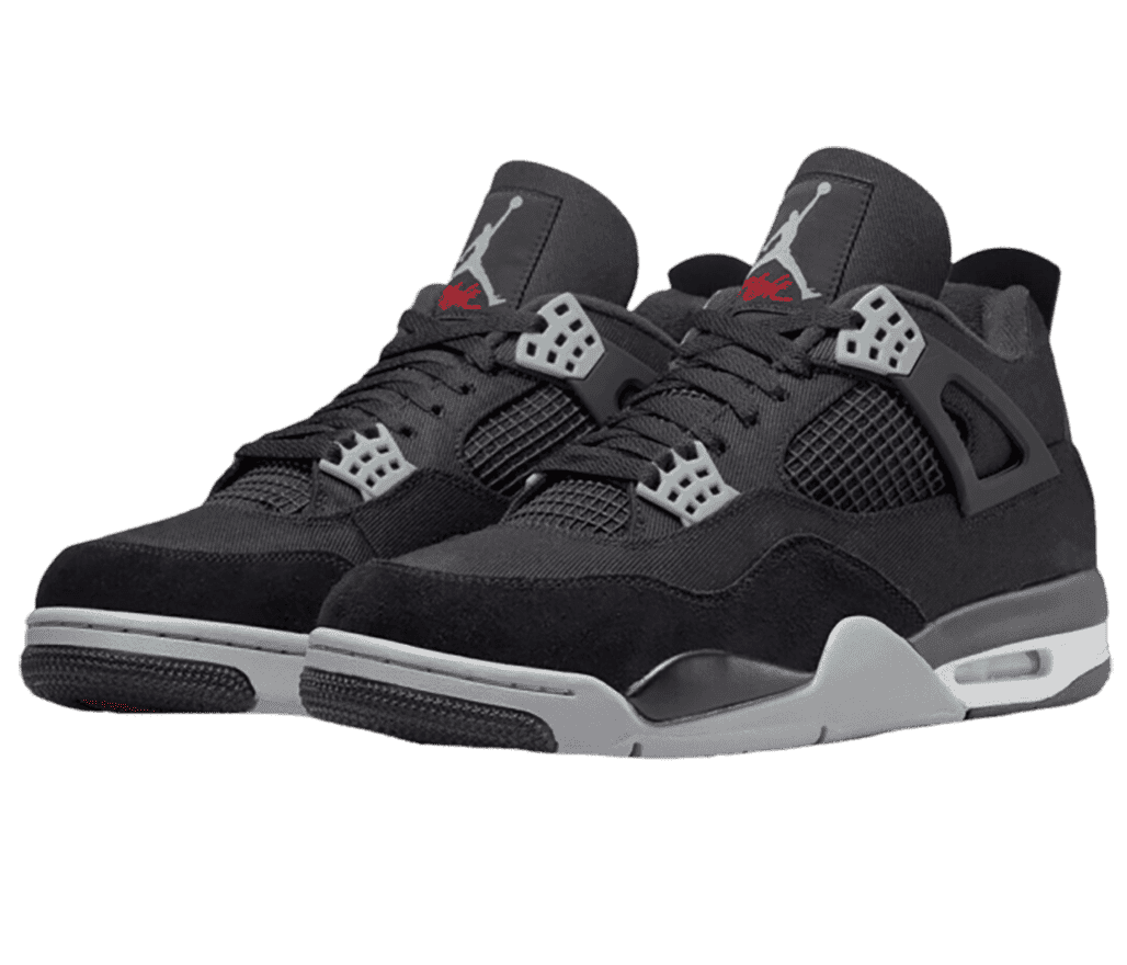 A black suede pair of AJ4 Retro sneakers with black netted sections on the sides and lower tongue, white lace cages, and gray rubber outsoles.