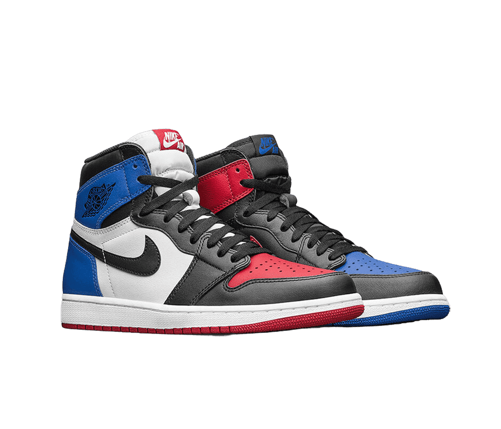 A pair AJ1 “Top 3” sneakers in red, white, blue, and black. The colors are inversed between the left and right shoe.