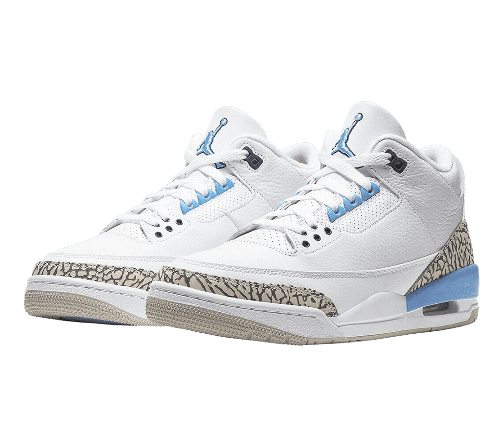 A pair of white AJ3 sneakers with blue accents at the heel and eyelets, a gray outsole, and light gray elephant print tips and heels.