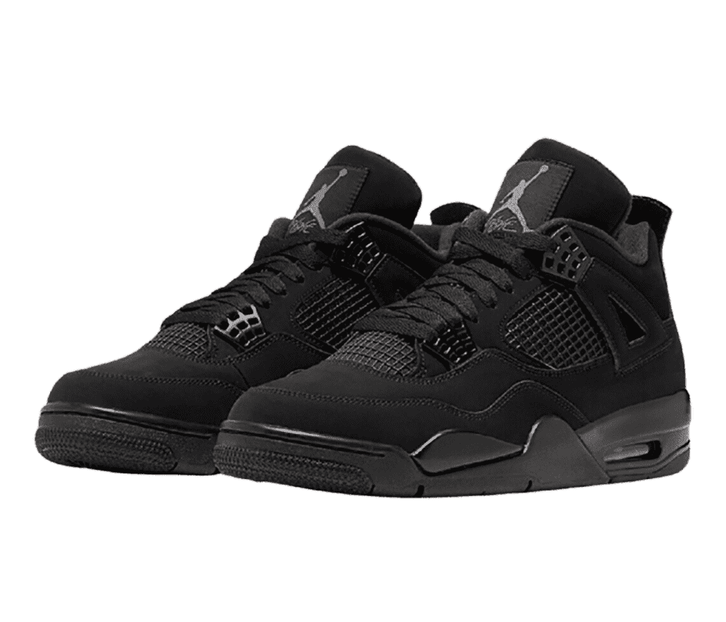 A all-black pair of AJ4 Retro sneakers in suede, white netted sections on the sides and lower tongue, lace cages, and leather outsoles.