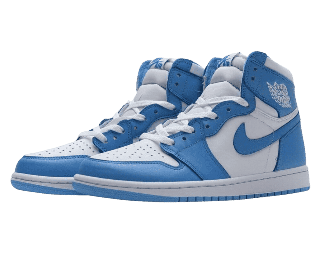 A pair of AJ1 “UNC” Retro high-top sneakers in white quarters, toeboxes, midsoles, and laces and university blue overlays.